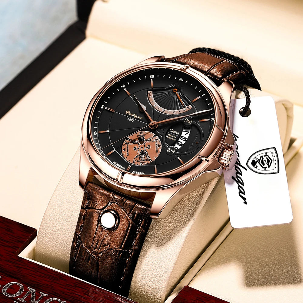 Poedagar 802 Men's Luxury Quartz Watch – Leather Strap, Waterproof, Date
