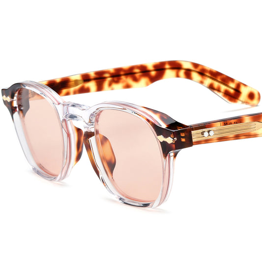 Vintage Square Acetate Polarized Mirrored Sunglasses - Transparent Leopard Pink Lens - MCROONS