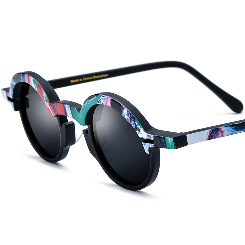 Retro Multicolour Round Matte Acetate Polarized Sunglasses UV400 - Red Green Gray Lens - MCROONS