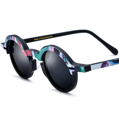 Retro Multicolour Round Matte Acetate Polarized Sunglasses UV400 - Red Green Gray Lens - MCROONS