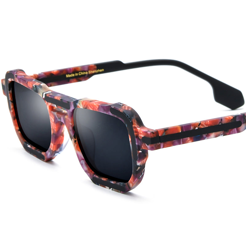 Vintage Square Matte Acetate Polarized Sunglasses - Matte Cream Red Flower Gray Lens - MCROONS