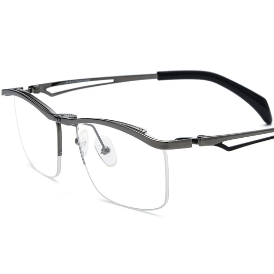 Designer Titanium Semi-Rimless Square Glasses - Grey - MCROONS