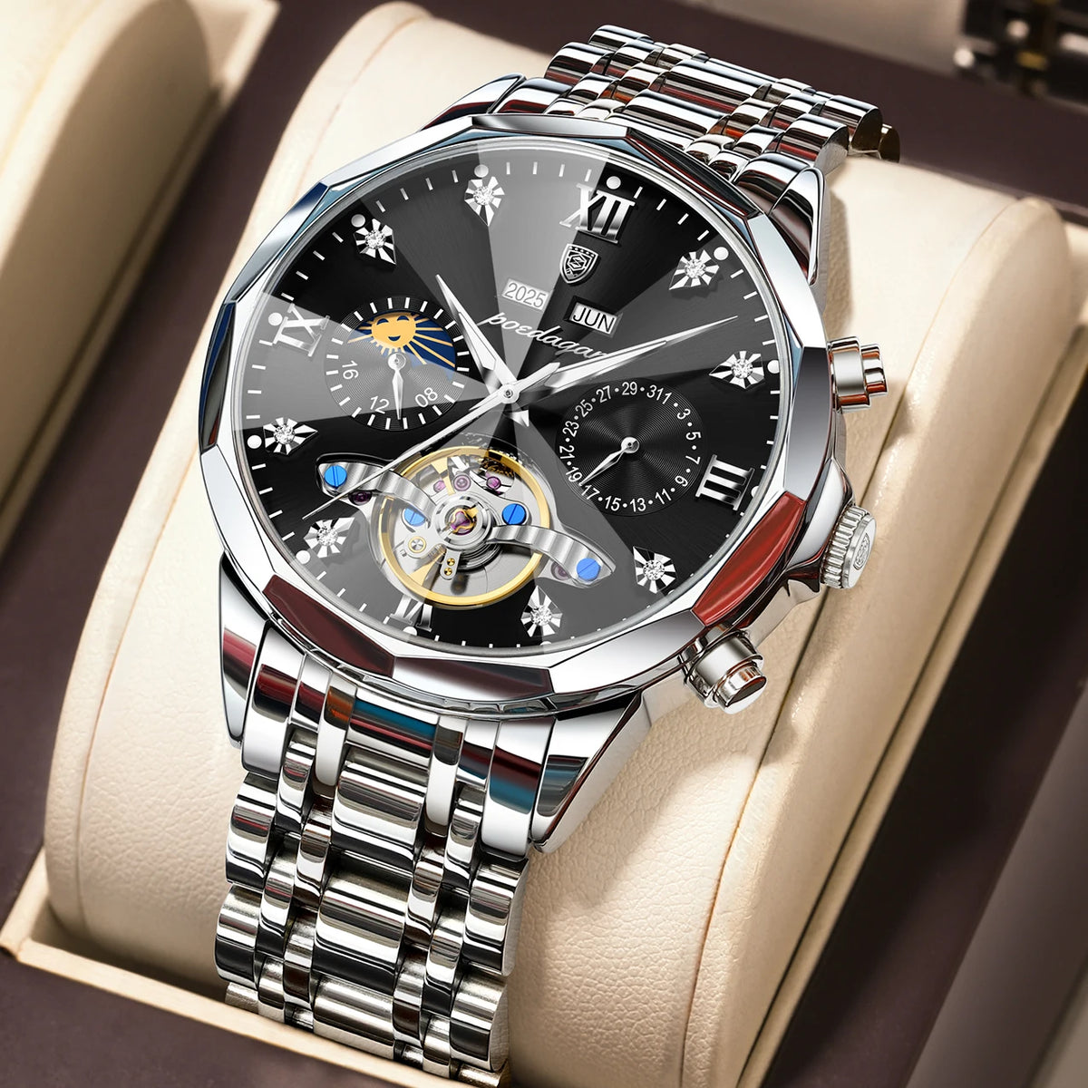 Poedagar 1422 Men's Luxury Automatic Mechanical Watch – Stainless Steel Band, Waterproof, Luminous, Date