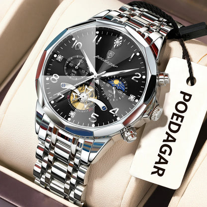 Poedagar 939 Men's Luxury Chronograph Quartz Watch – Stainless Steel Band, Waterproof, Luminous