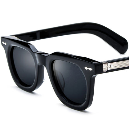 Vintage Square Thick Acetate Polarized Mirrored Sunglasses - Black Gray Lens - MCROONS