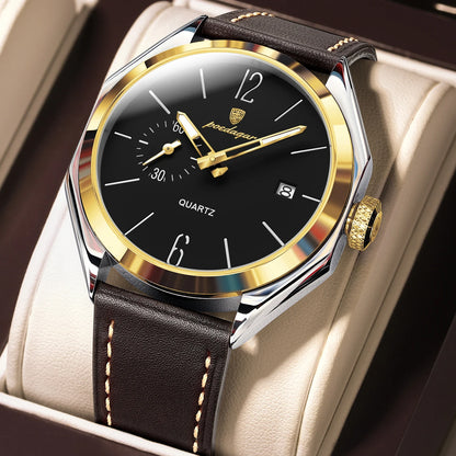 Poedagar 689 Men's Luxury Quartz Watch – Leather Strap, Waterproof, Luminous, Date