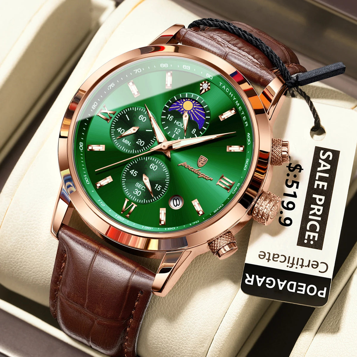 Poedagar 882 Men's Luxury Chronograph Quartz Watch – Leather Strap, Waterproof, Luminous, Date