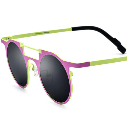Colourful Titanium Round Polarised Sunglasses Retro - Pink Green Grey Lens - MCROONS