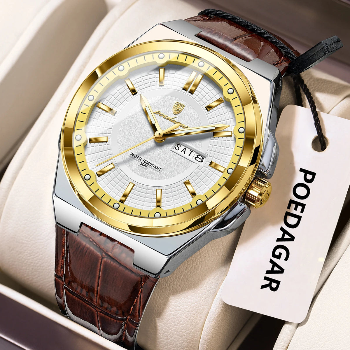 Poedagar 896 Men's Luxury Quartz Watch – Leather Strap, Waterproof, Luminous, Date