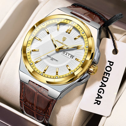 Poedagar 896 Men's Luxury Quartz Watch – Leather Strap, Waterproof, Luminous, Date