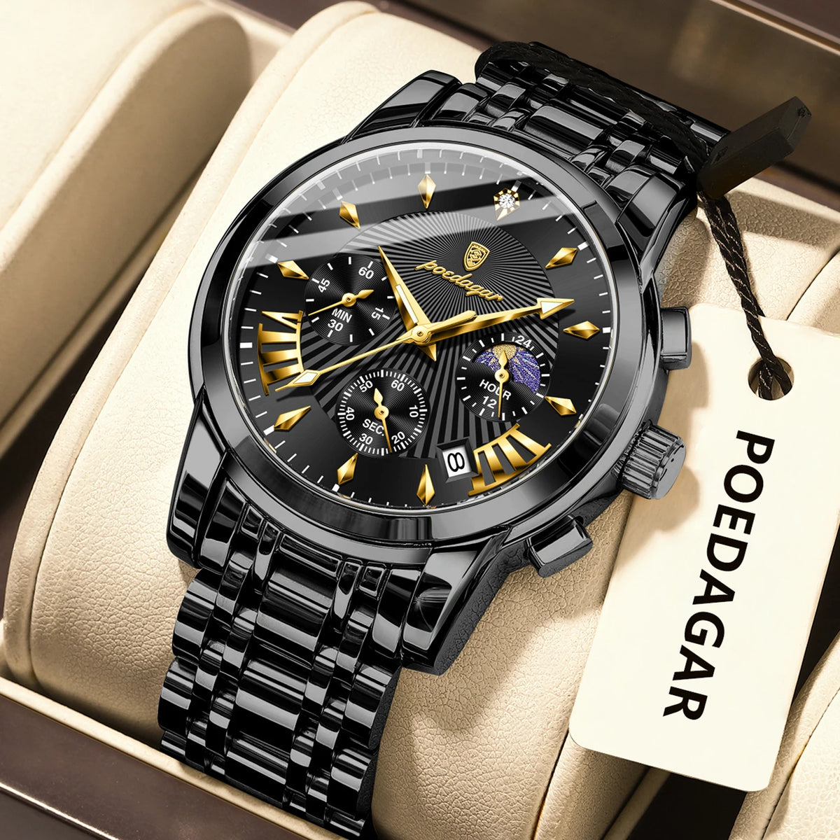 Poedagar 813 Men's Luxury Chronograph Quartz Watch – Stainless Steel Band, Waterproof, Luminous, Date