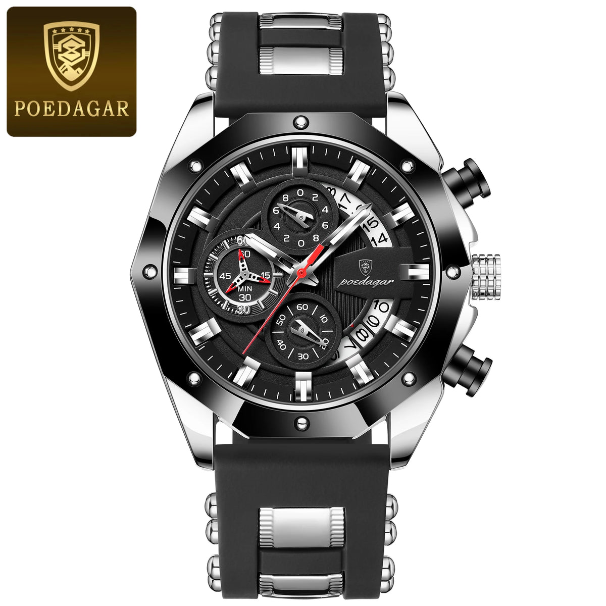 Poedagar 913 Men's Luxury Chronograph Quartz Watch – Silicone Strap, Waterproof, Luminous, Date