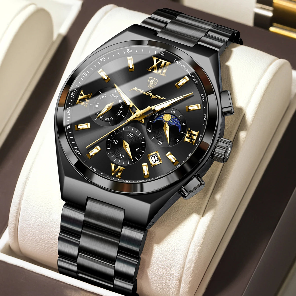 Poedagar 688 Men's Luxury Chronograph Quartz Watch – Stainless Steel Band, Waterproof, Luminous, Date