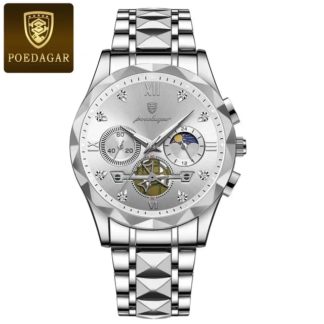 Poedagar 996 Men's Luxury Chronograph Quartz Watch – Stainless Steel Band, Waterproof, Luminous, Date