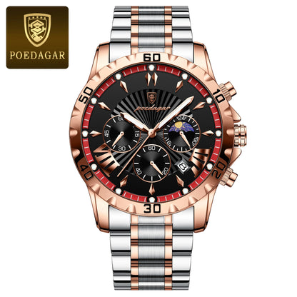 Poedagar 968 Men's Luxury Chronograph Quartz Watch – Stainless Steel Band, Waterproof, Luminous, Date