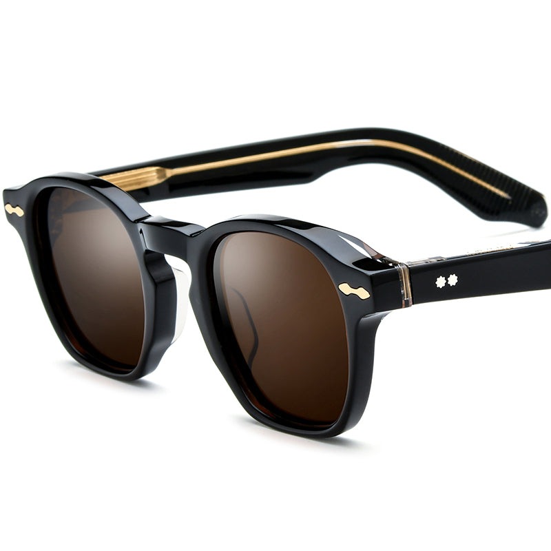Vintage Square Acetate Polarized Mirrored Sunglasses - Black Gold Brown Lens - MCROONS