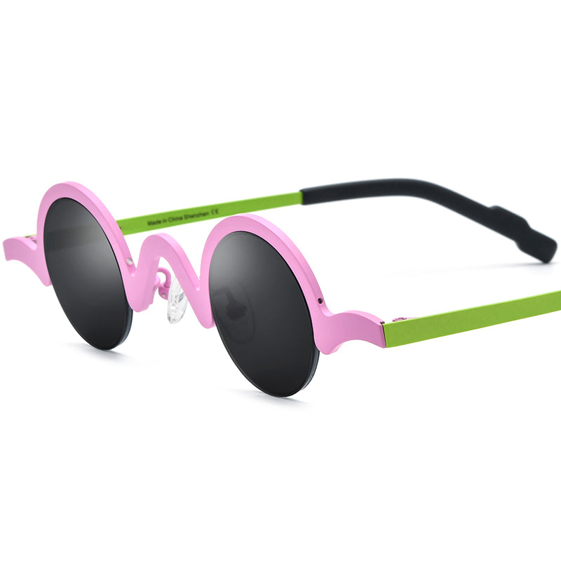 Titanium Semi-Rimless Round Polarised Sunglasses - Pink Frame Gray Lens - MCROONS