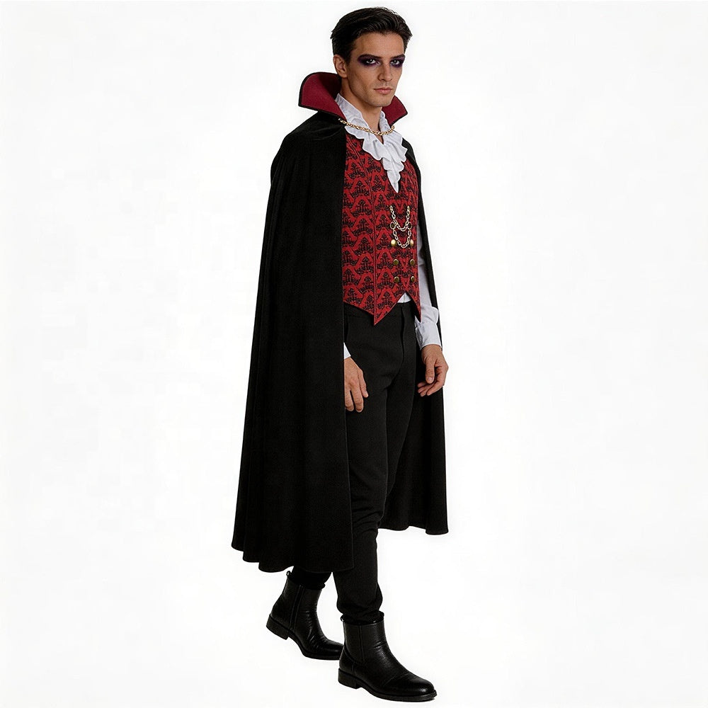 Count Dracula Gothic Vampire Halloween costume by MCROONS featuring a black cape, high collar, and classic vampire attire.