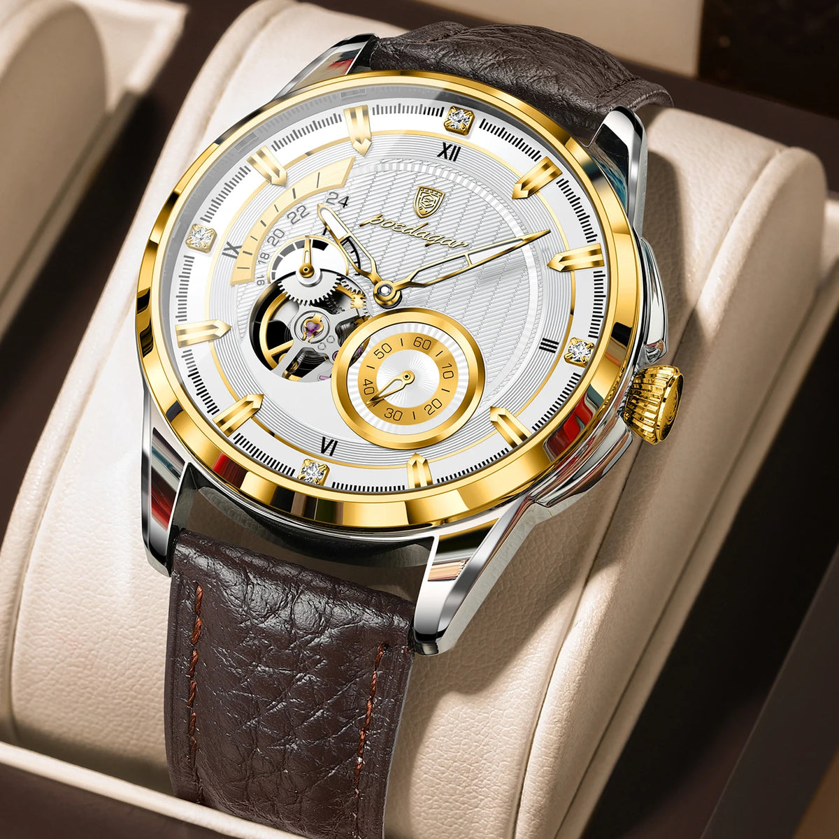 Poedagar 1427 Men's Luxury Automatic Mechanical Watch – Leather Strap, Waterproof, Luminous, Date