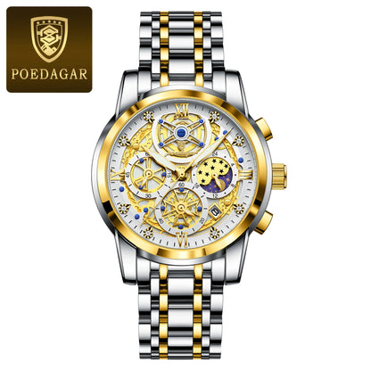 Poedagar 984 Men's Luxury Chronograph Quartz Watch – Stainless Steel Band, Waterproof, Luminous, Date