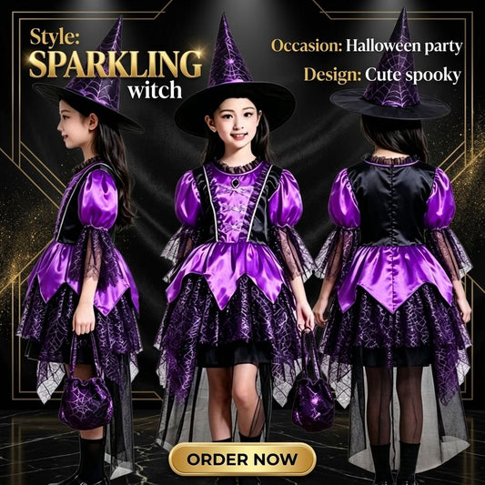 Purple witch costume by MCROONS featuring a dress and accessories, styled with a pointed hat and matching belt.