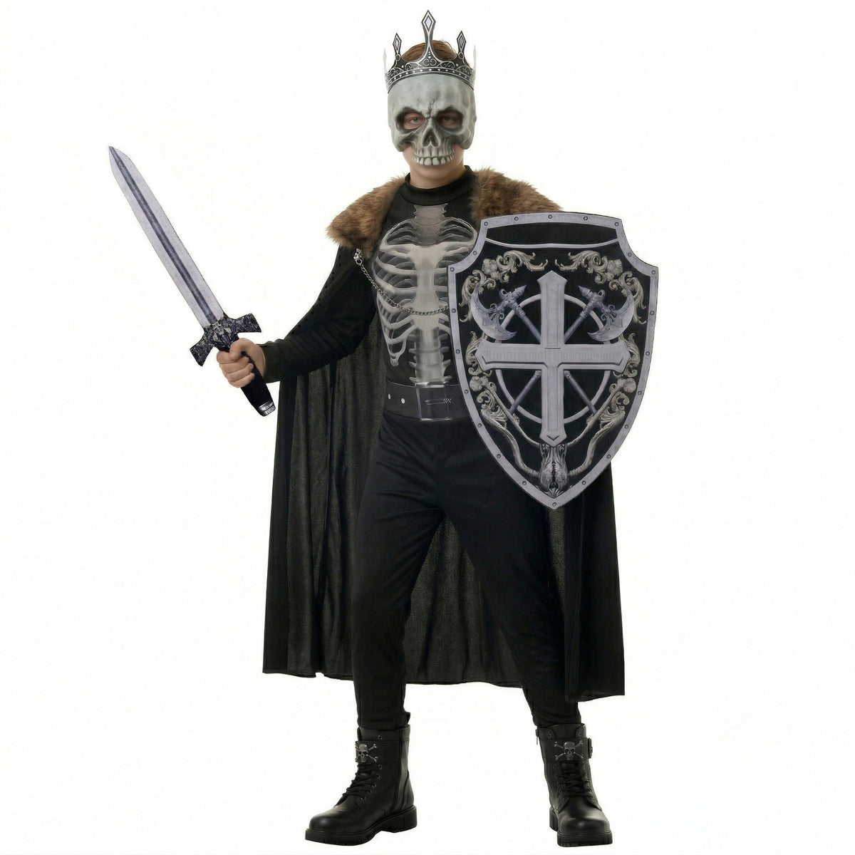 Skeleton Knight boys Halloween costume featuring a cloak, mask, and sword by MCROONS, with a detailed skeleton armor design.