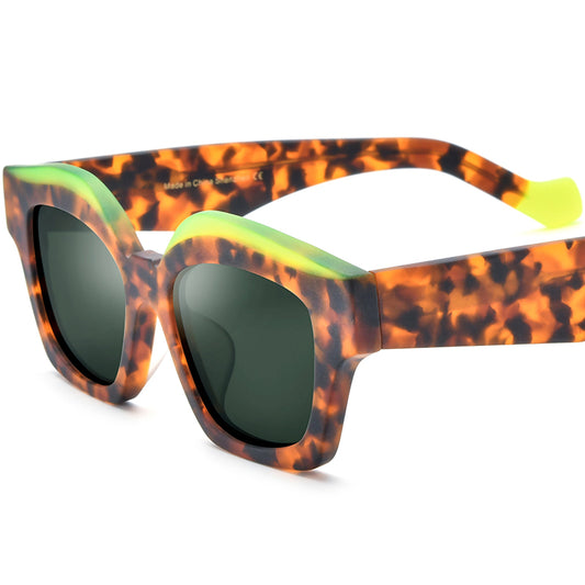 Oversized Cat Eye Acetate Polarized Sunglasses - MCROONS - Leopard Dark Green Lens