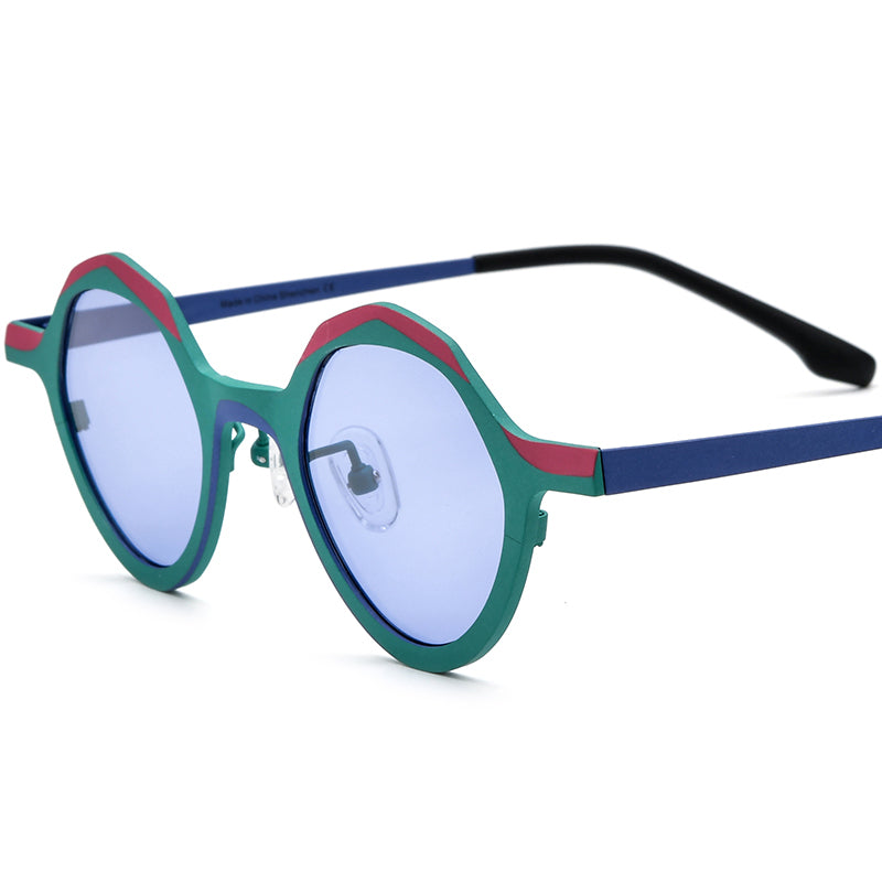 Colourful Titanium Polygon Polarised Sunglasses Retro - MCROONS - Blue Frame Purple Lens