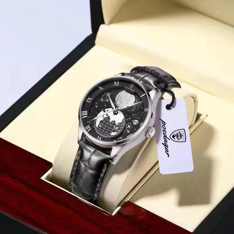 Poedagar 803 Men's Luxury Quartz Watch – Leather Strap, Waterproof, Luminous, Date