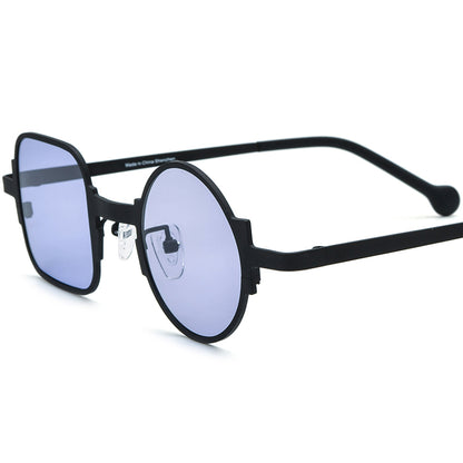Asymmetric Titanium Square Round Polarised Sunglasses Vintage - Black Purple Lens - MCROONS