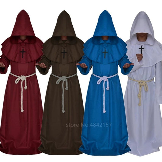Men's Monk Robe Costume by Mcroons featuring a hooded cloak and cape, perfect for Halloween or costume parties.