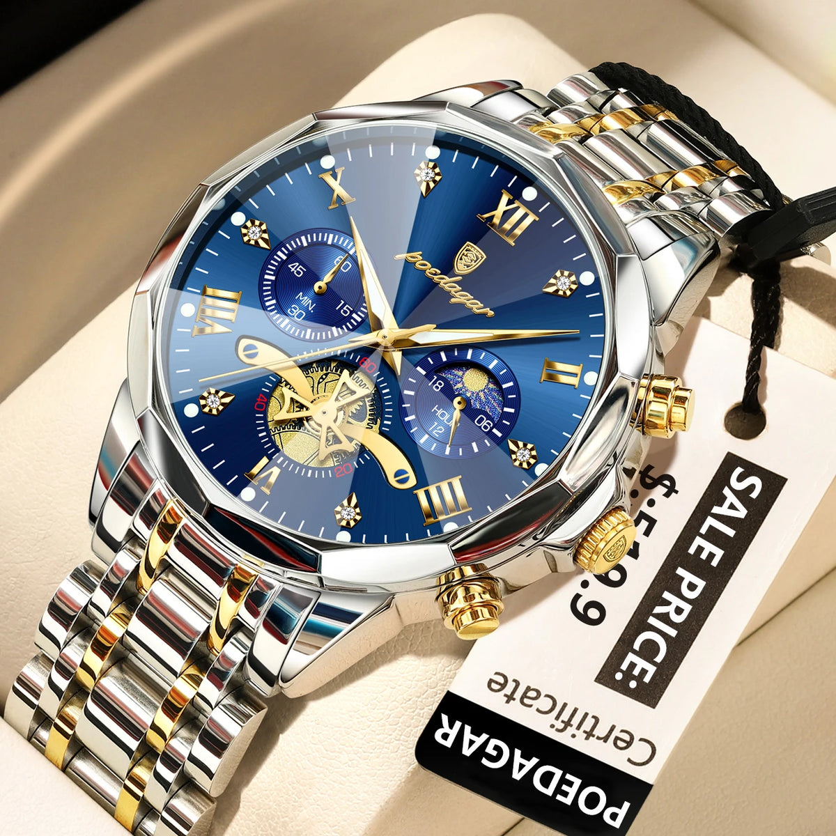 Poedagar 938 Men's Luxury Chronograph Quartz Watch – Stainless Steel Band, Waterproof, Luminous