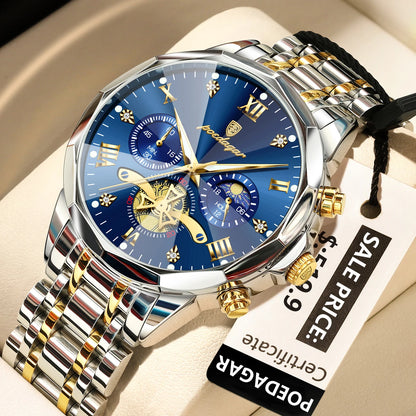 Poedagar 938 Men's Luxury Chronograph Quartz Watch – Stainless Steel Band, Waterproof, Luminous
