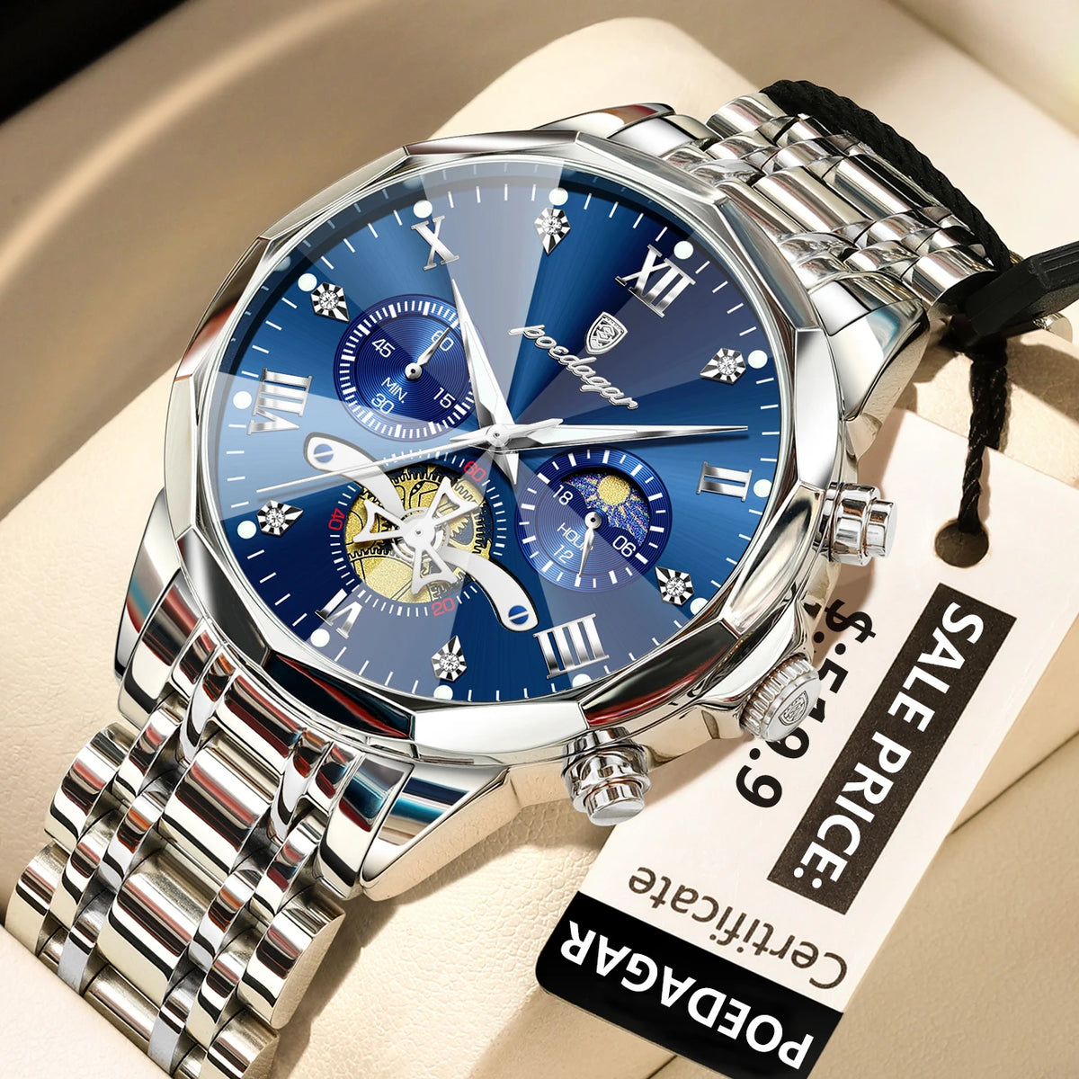 Poedagar 938 Men's Luxury Chronograph Quartz Watch – Stainless Steel Band, Waterproof, Luminous