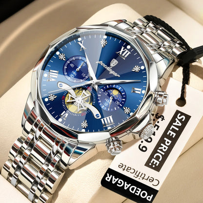 Poedagar 938 Men's Luxury Chronograph Quartz Watch – Stainless Steel Band, Waterproof, Luminous