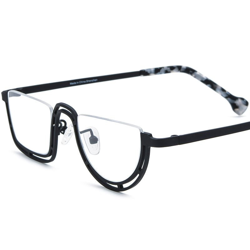 Titanium Semi-Rimless Round Glasses Frame Fashionable - Black - MCROONS