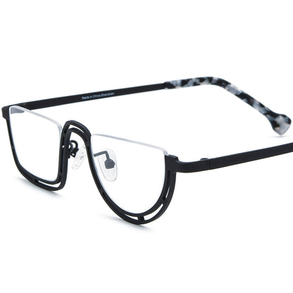 Titanium Semi-Rimless Round Glasses Frame Fashionable - Black - MCROONS