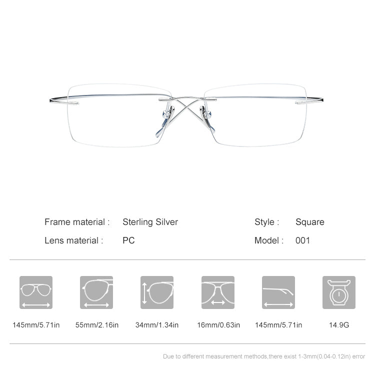 Sterling Silver Rimless Square Optical Glasses Frame - MCROONS - specifications
