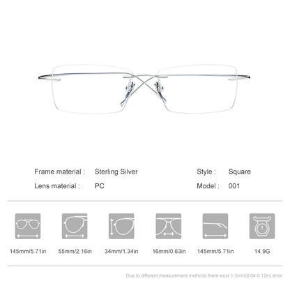Sterling Silver Rimless Square Optical Glasses Frame - MCROONS - specifications