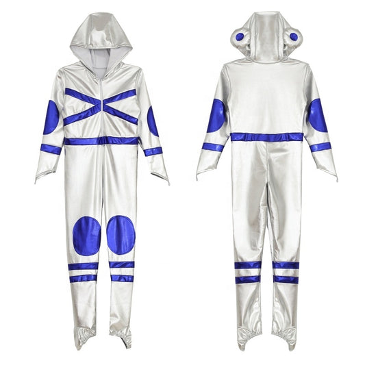 Kids silver astronaut space Halloween costume by MCROONS, featuring a shiny metallic suit with astronaut helmet and accessories.