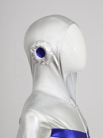 Kids silver astronaut space Halloween costume by MCROONS featuring a shiny metallic suit with helmet and space-themed details.