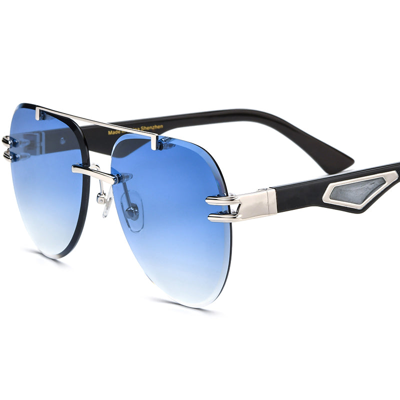 Oversized Rimless Aviator Sunglasses with Horn Temple - Black Blue Lens - MCROONS