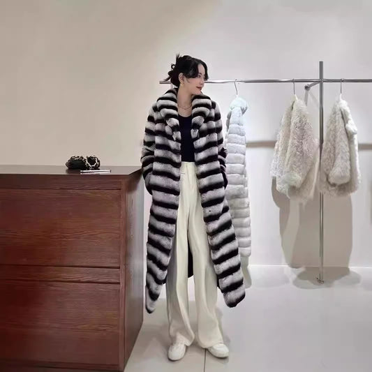 Vintage Striped Golden Mink Woven Velvet Faux Fur Casual Women's Winter Poncho Long Over-the-Knee Warm Eco-Friendly