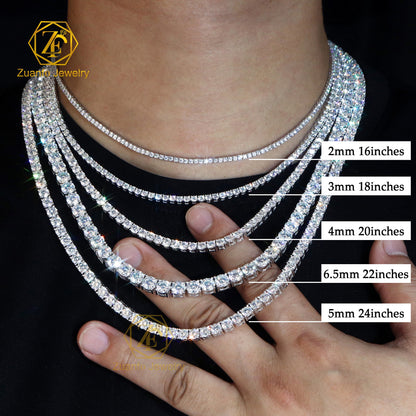 MCROONS luxury silver tennis chain necklace and bracelet with VVS moissanite stones in 2mm to 5mm sizes, stylish jewelry for men and women.