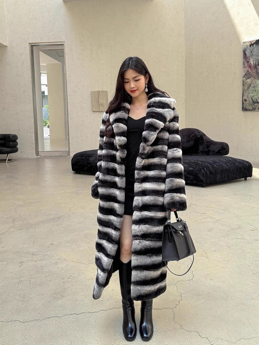 Vintage Striped Golden Mink Woven Velvet Faux Fur Casual Women's Winter Poncho Long Over-the-Knee Warm Eco-Friendly