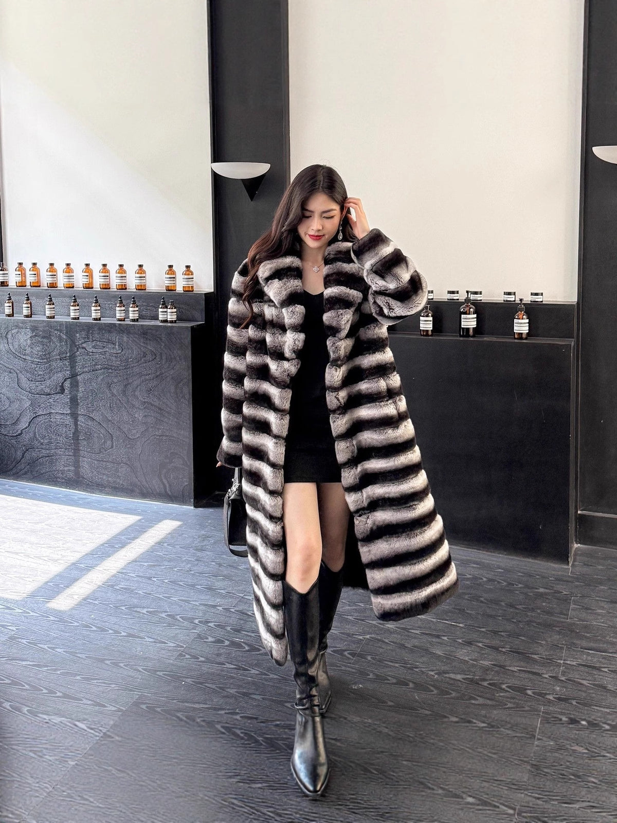 Vintage Striped Golden Mink Woven Velvet Faux Fur Casual Women's Winter Poncho Long Over-the-Knee Warm Eco-Friendly