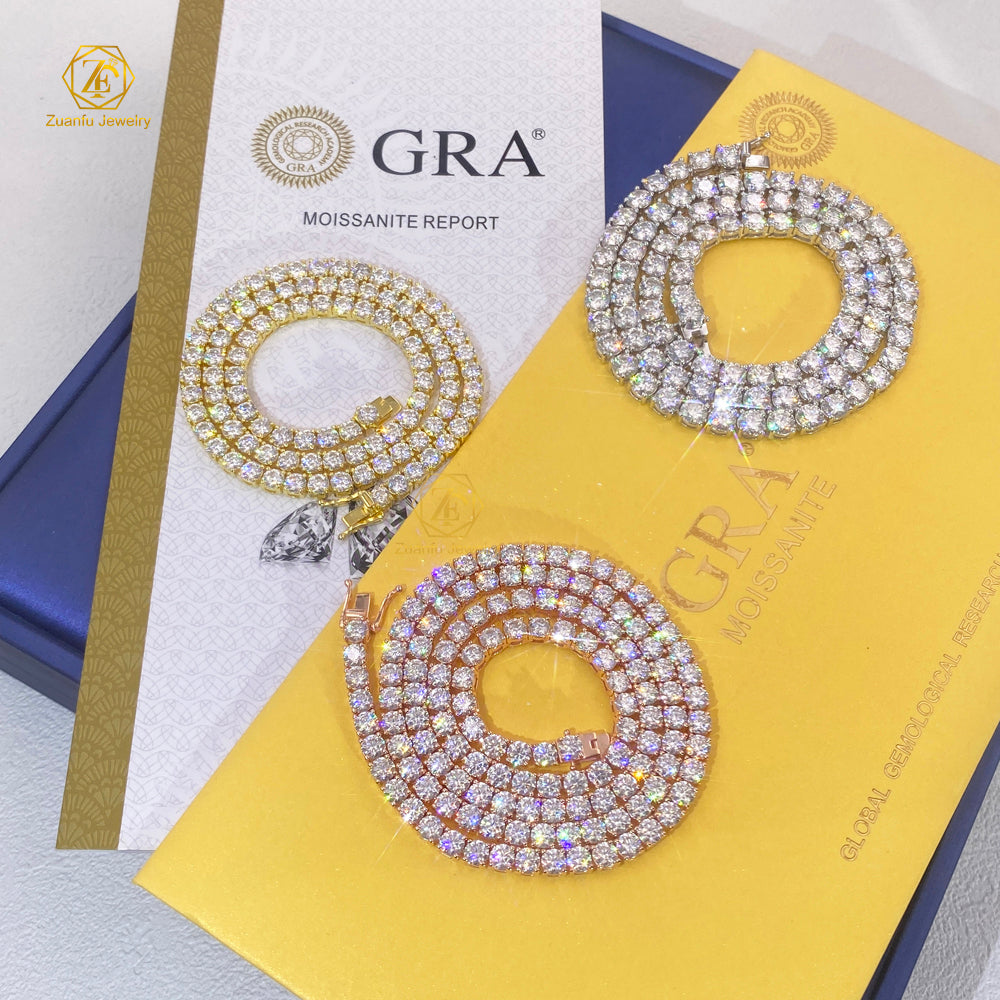 MCROONS luxury silver VVS moissanite tennis chain necklace and bracelet, featuring 2mm to 5mm round gemstones, fine jewelry.