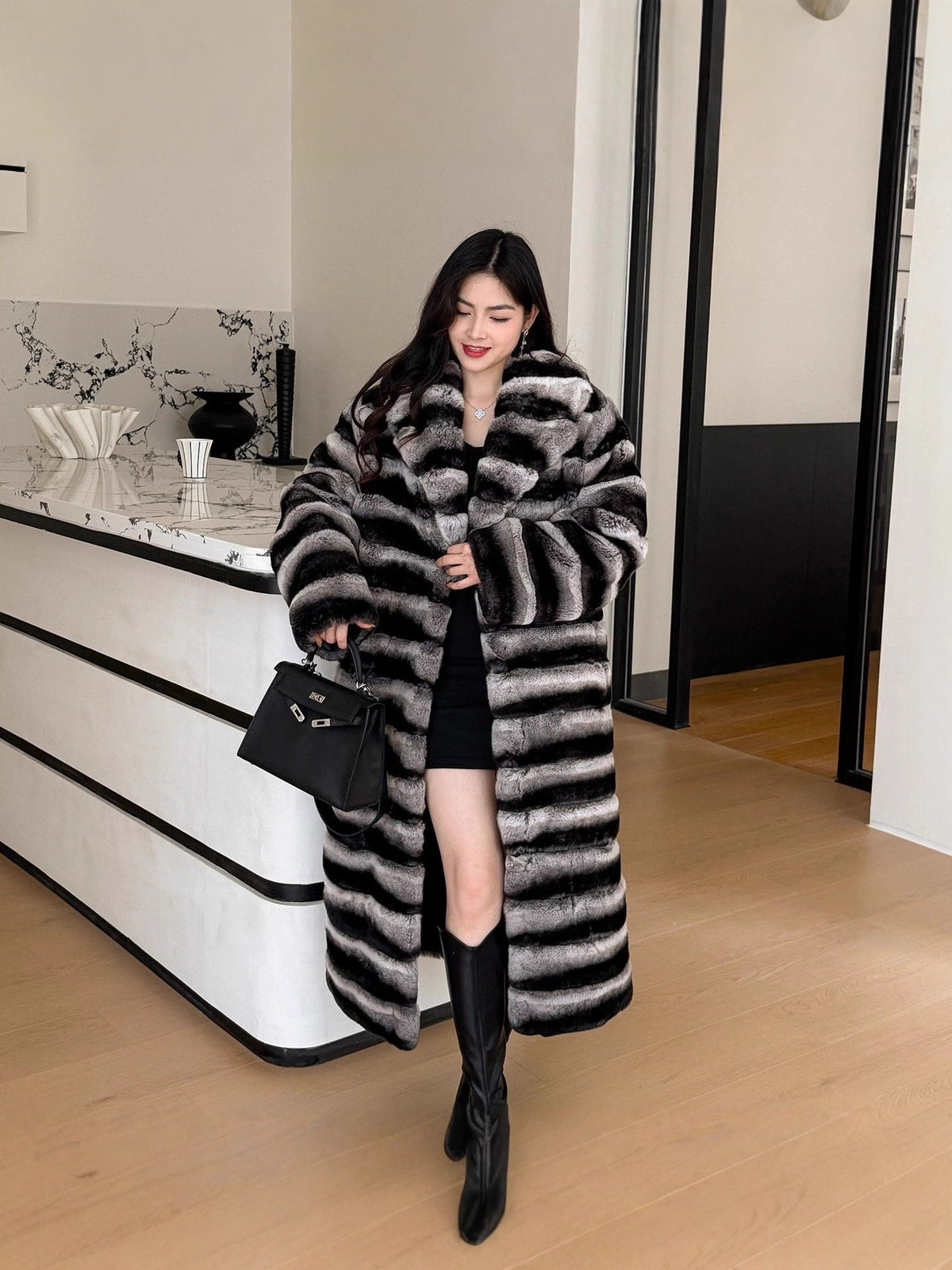 Vintage Striped Golden Mink Woven Velvet Faux Fur Casual Women's Winter Poncho Long Over-the-Knee Warm Eco-Friendly