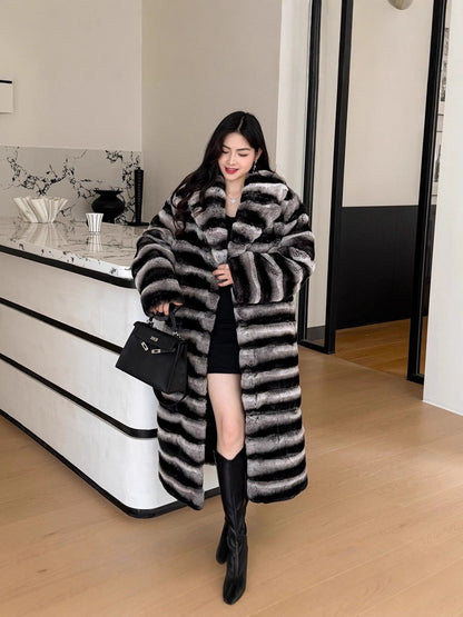Vintage Striped Golden Mink Woven Velvet Faux Fur Casual Women's Winter Poncho Long Over-the-Knee Warm Eco-Friendly