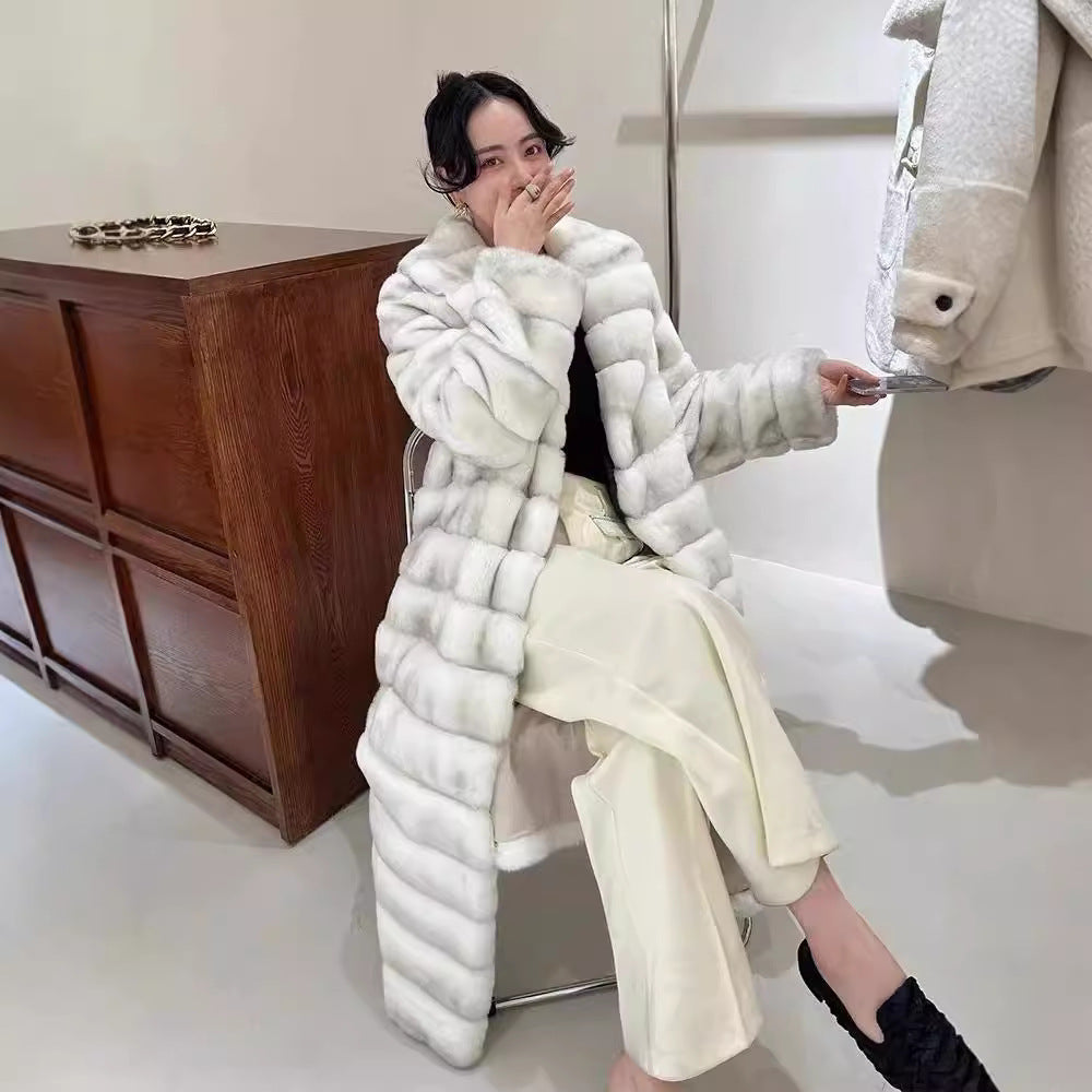 Vintage Striped Golden Mink Woven Velvet Faux Fur Casual Women's Winter Poncho Long Over-the-Knee Warm Eco-Friendly
